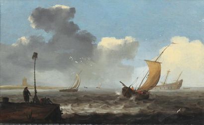 Willem van DIEST (La Haye avant 1610-1673) «Bateaux au mouillage vus du bord de la...