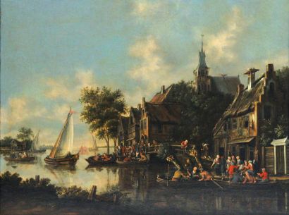 THOMAS HEREMANS (Haarlem, vers 1640-1697) «Scène de village au bord du fleuve: l'embarcadère»....