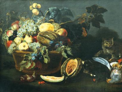 Ecole FLAMANDE du XVIIIème siècle, Atelier de Frans SNYDERS «Nature morte à la corbeille...