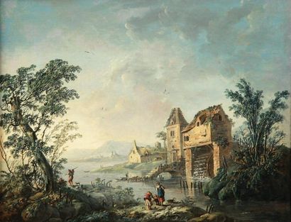 Jean PILLEMENT (Lyon 1728 - 1808) «Le moulin à eau». Toile signée en bas à gauche...