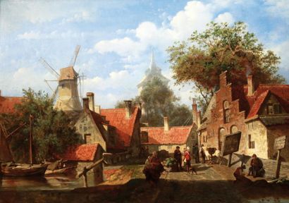Willem de HAAS HEMKEN (1831 -?) «Entrée de village en Hollande». Toile signée en...