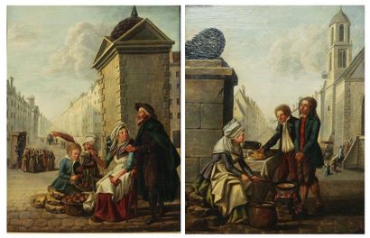 Ecole FRANÇAISE vers 1790, DECOSSE «La marchande de crêpes» «La marchande de gâteaux...