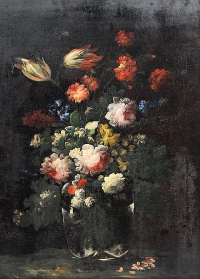 Dans le goût d'Antonio MEZZADRI «Bouquet de fleurs dans un vase en verre». Toile....