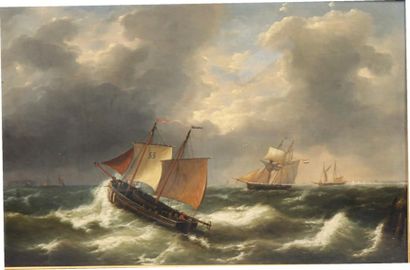 Louis II VERBOECKHOVEN (1827-1864) «Navires hollandais par grosse mer». Huile sur...