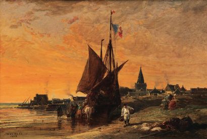 Jules NOEL (1810/15-1881) «Le débarquement de la pêche, Harmor près Lorient, 1868»....