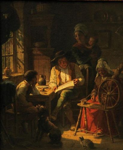 Alexandre JOSQUIN (XIXème siècle) «La lecture en famille». Huile sur toile (craquelures)...