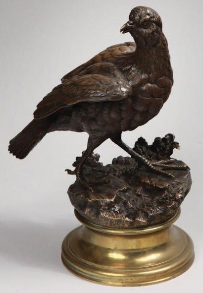 Lambert Alexandre LEONARD (1821-1877) «Perdreau». Bronze à patine sur socle de laiton....