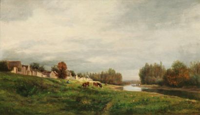 Jules ROZIER (1821 - 1882) «Troupeau près d'un village à la rivière, 1859». Huile...