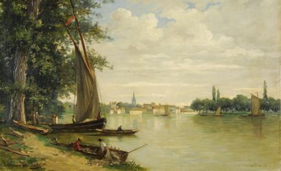 Jean- Frédéric COUTY (1829-1904) «La Dordogne aux environs de Libourne, 1882». Huile...