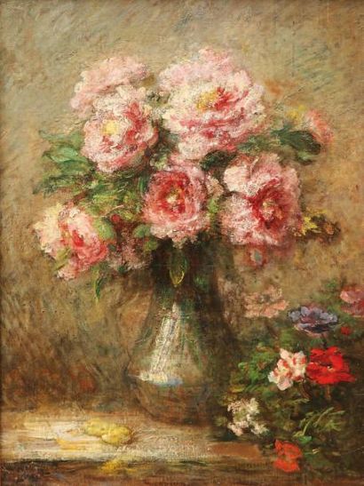 Ecole française de la fin du XIXème siècle «Bouquet de pivoines roses». Huile sur...
