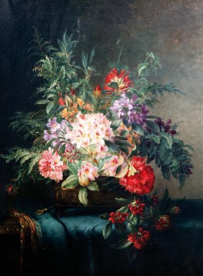 Anna-Joanna VAN STOLK (1853 -?) «Bouquet de fleurs dans un vase posé sur un entablement»....