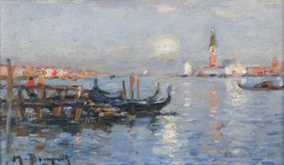 Maurice BOMPARD (1857 - 1936) «Embarcadère près de Venise». Huile sur carton signée...