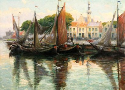 Henri HOUBEN (1858 - 1931) «Barques le long d'un quai en Hollande». Huile sur toile...
