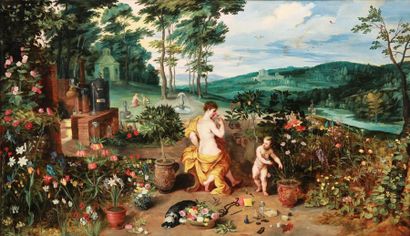 Attribué à Jan BRUEGHEL le JEUNE (1601-1678) «Allégorie de l'odorat» Panneau de chêne...