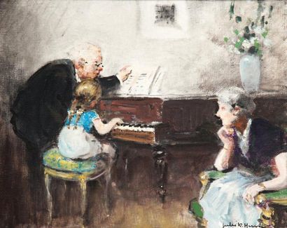 Jules René HERVE (1887-1981) «La leçon de piano». Huile sur toile signée en bas à...