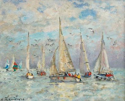 André HAMBOURG (1909 - 1999) «Voiliers au large de Deauville». Huile sur toile signée...