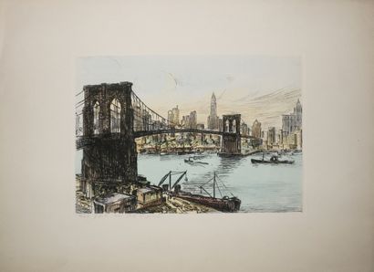 null ETATS-UNIS - NEW YORK - [Vue du Pont de BROOKLYN]. Début XX ème. Eau-forte aquarellée....