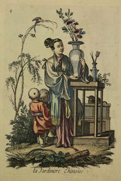 null CHINE - "La Jardinière Chinoise". XVIIIème. Gravure imprimée sur papier vergé...