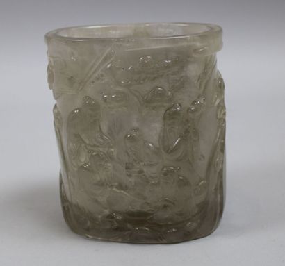 null Large rock crystal "bitong" brush pot carved with six figures on a landscape...