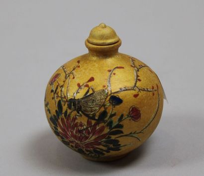 null Painted terracotta snuff bottle decorated with butterfly on flowers. China,...