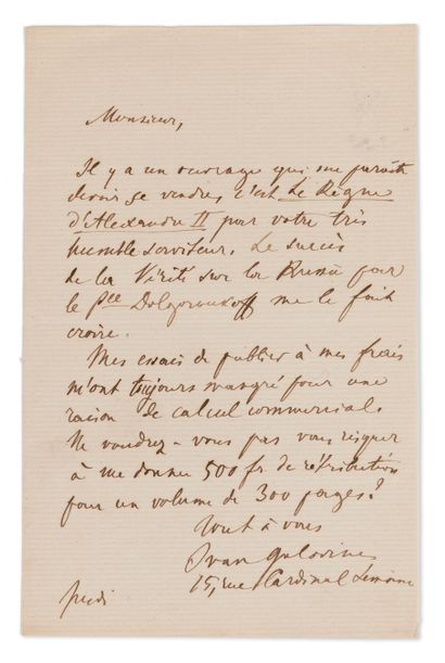 null Comte Ivan Golovine (1816-1890). Lettre autographe signée [à son éditeur] ;...