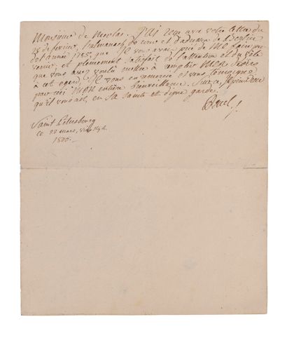 null Empereur Paul Ier. Une lettre autographe signée à M. de Nicolaï. Saint-Pétersbourg,...