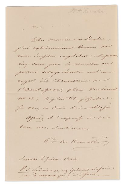 null Prince Alexis Borissovitch Kourakine (1809-1872). Lettre autographe signée à...