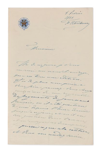 null Princesse Varvara Rimsky-Korsakov. Lettre autographe signée. Saint Pétersbourg,...