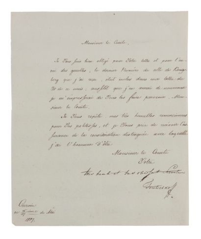 null Toutschkoff. Lettre signée au comte [Pozzo di Borgo ?]. Czervin, 15/27 mai 1807.

Feuillet...
