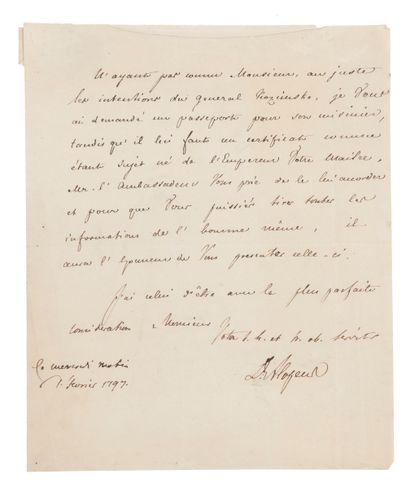 null Comte David Alopeüs. Lettre signée à M. de Swietezki, chargé des affaires de...