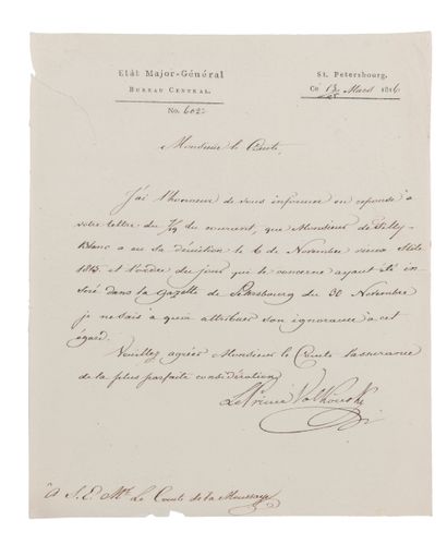 null Prince Piotr Volkonsky. Lettre autographe signée au comte de La Moussaye, au...