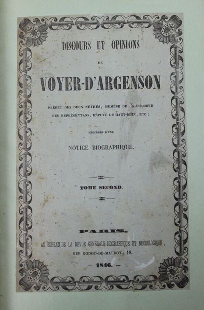 null - ARGENSON (Marc-René-Marie de Voyer d'). Discours et opinions de Voyer-d'Argenson,...