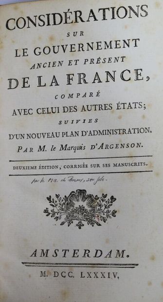 null - ARGENSON (René-Louis de Voyer de Paulmy d'). Considérations sur le gouvernement...