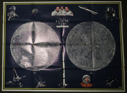 null MAP OF THE MOON & Space Shuttles, by Jacques DEVOS (1924-1992). c.1968. The...