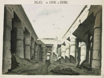 null EGYPTE - "PALAIS de KHONS à KARNAC". XIXème. AQUARELLE et crayon gris sur papier...