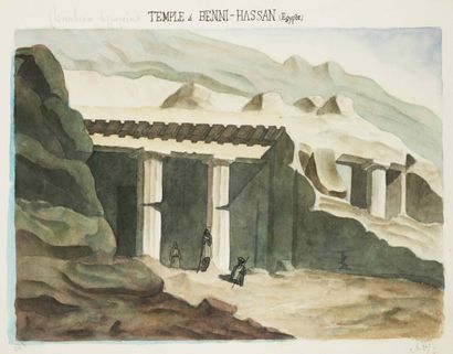 null EGYPTE - "TEMPLE à BENNI-HASSAN (Béni-Haçan) (Tombeau hypogéen). XIXème. AQUARELLE...