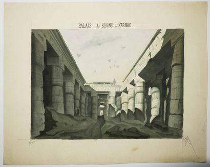 null EGYPTE - "PALAIS de KHONS à KARNAC". XIXème. AQUARELLE et crayon gris sur papier...
