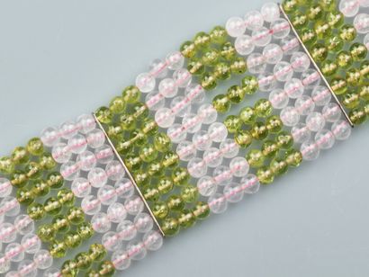 Cuff bracelet made up of 8 rows of pink quartz...