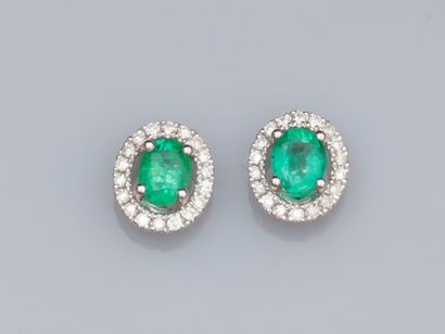 null Pair of oval earrings in 18K white gold, set with emeralds of about 0.35 ct,...