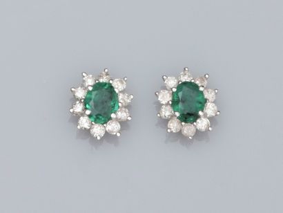 null Pair of earrings in 18K white gold, each set with a 0.35 ct oval emerald surrounded...