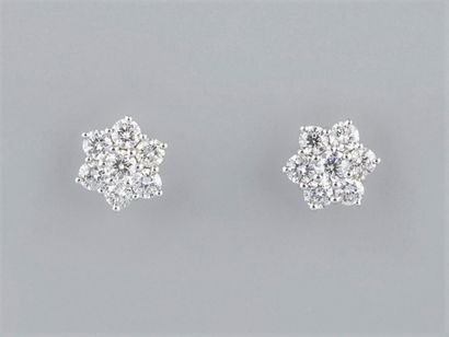 null Pair of flower earrings in 18K white gold, set with brilliant-cut diamonds (approx....