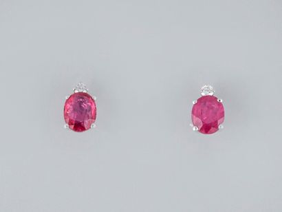 null Pair of earrings in 18K white gold, set with small oval rubies (about 0.50 ct...