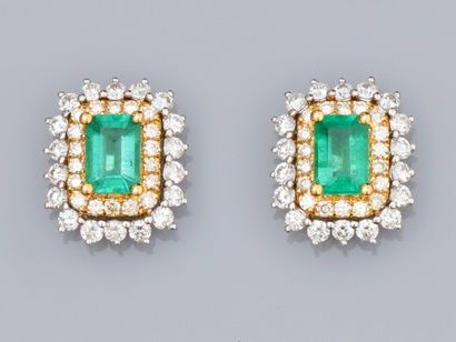 null Pair of earrings in two-tone 18K gold, set with a rectangular emerald weighing...