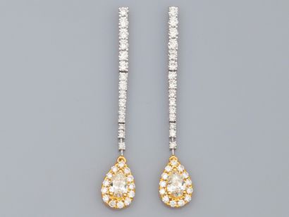 Pair of long earrings in two-tone 18K gold,...