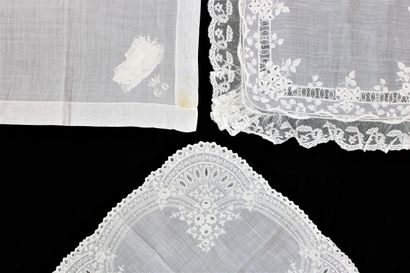 Three handkerchiefs, one in linen embroidered...