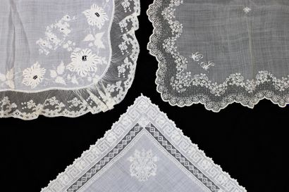 Three handkerchiefs, one in embroidered linen,...