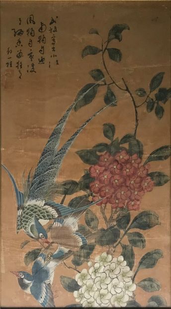 null Painting on silk representing birds and flowers. Framed. China, end of 19th...