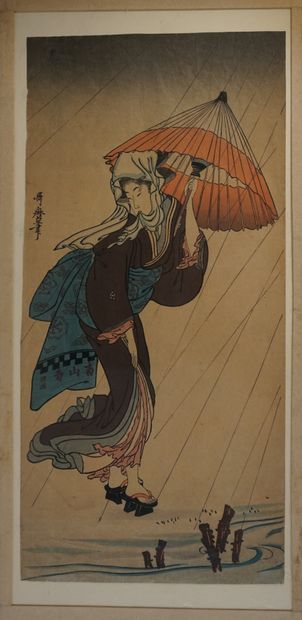 null Nagaban tate-e print by UTAMARO: bijin with umbrella crossing a stream under...
