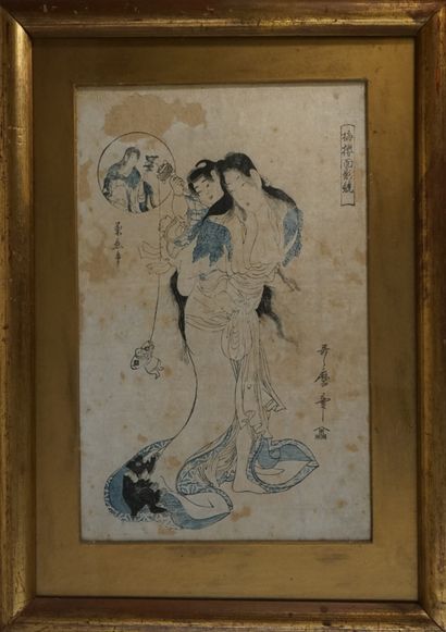 null Estampe oban tate-e de UTAMARO: bijin regardant un chiot à ses pieds, un enfant...