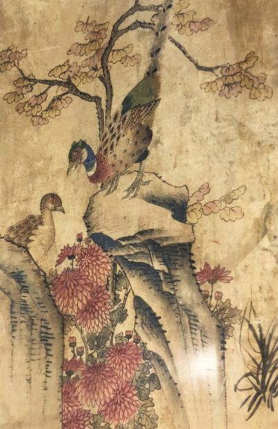 null Kakemono representing a couple of pheasant on a rock decorated with branches...